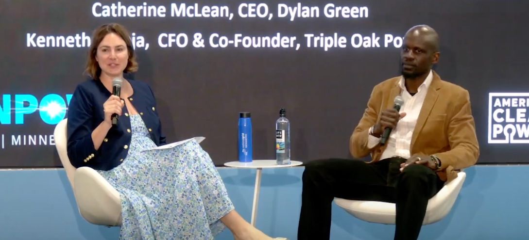 Catherine McLean, spoking with Kenneth Labeja, at the American Clean Power Association's PowerCasts.
